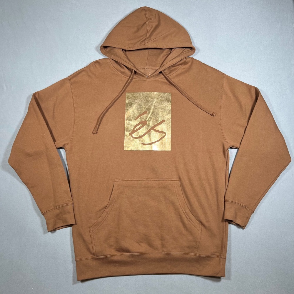 es Skateboarding Hoodie Mens Large Brown Gold Pullover Hoodie Skater Sweatshirt